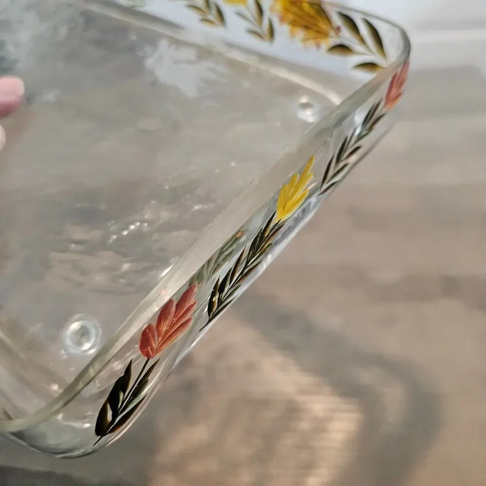 Vintage Hand Painted Glass Tray Floral Rectangle  Retro Cottage Trinket Holder